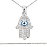 Clever – Juego de colgante de la mano de Fátima de 16 mm con circonitas, ojo de nazar azul, blanco y negro y cadena de eslabones de 42 cm, plata de ley 925